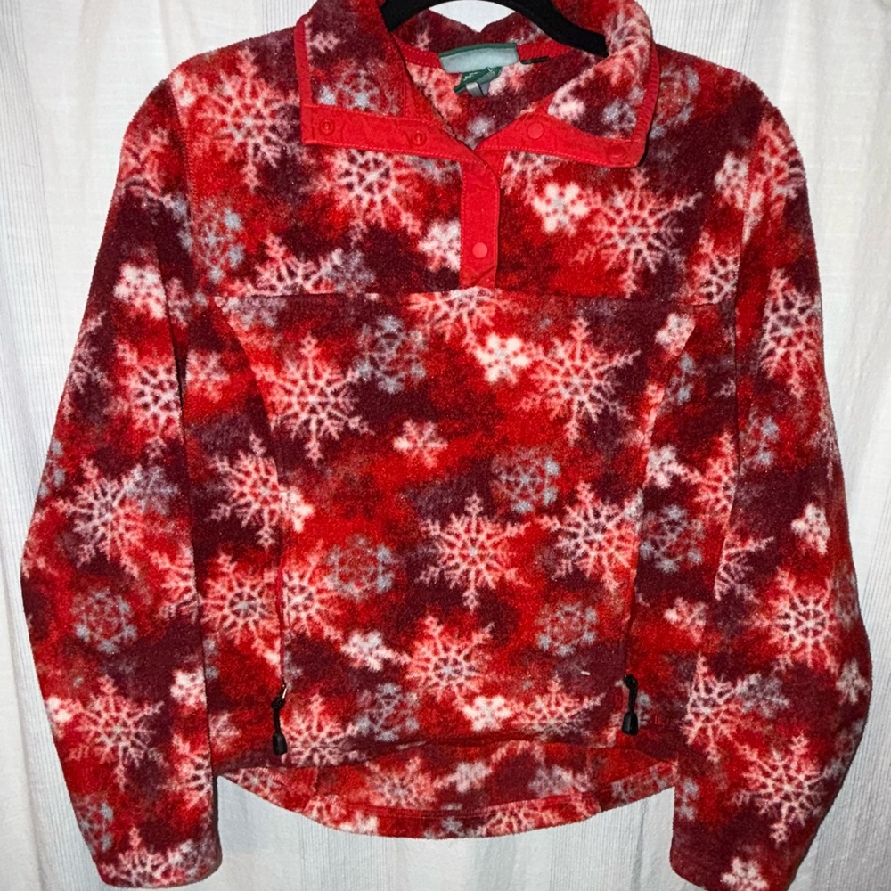 LL Bean Fleece Half Button Pullover Red Snowflake Print Womens Medium